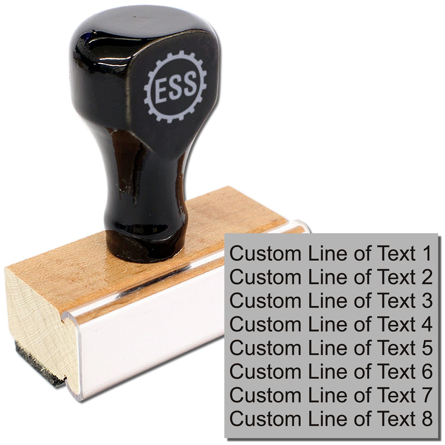 8 Line Custom Rubber Stamp with Wood Handle featuring clear text for personalized stamping, ideal for crafting, office use, and organization.