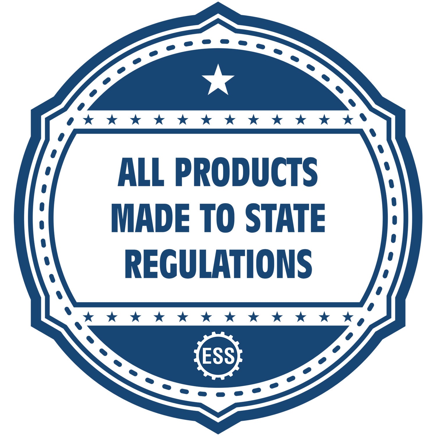 An icon or badge element for the Heavy-Duty Round Virginia Notary Stamp showing that this product is made in compliance with state regulations.