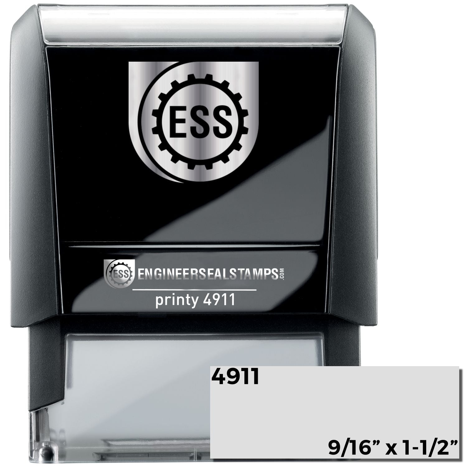 Custom Self Inking Stamp Trodat 4911, size 9/16 x 1-1/2, with a black casing and clear base, featuring the ESS logo on the front.