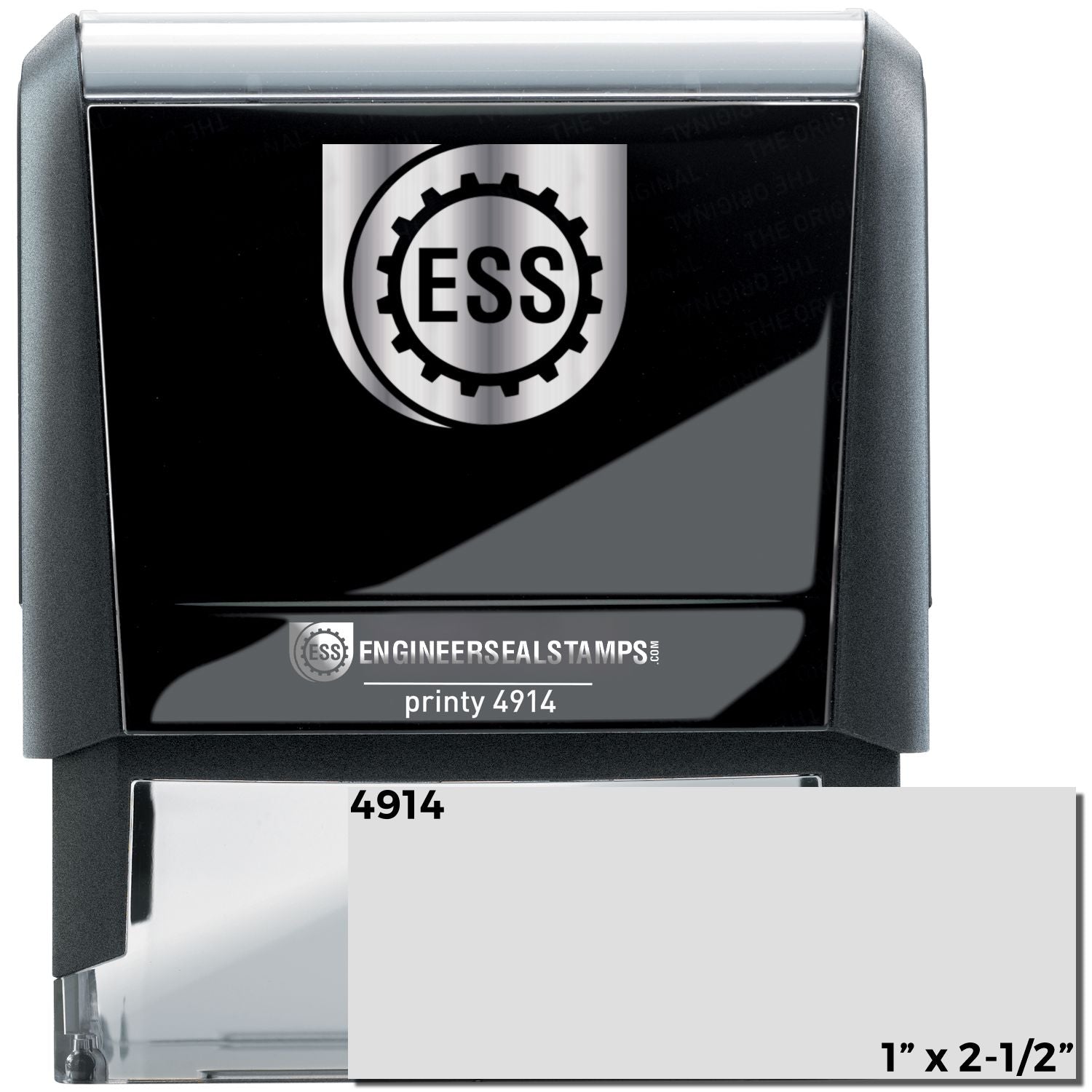 Custom Self Inking Rubber Stamp Trodat 4914, size 1 x 2-1/2, with ESS logo and printy 4914 text on the front, black casing.