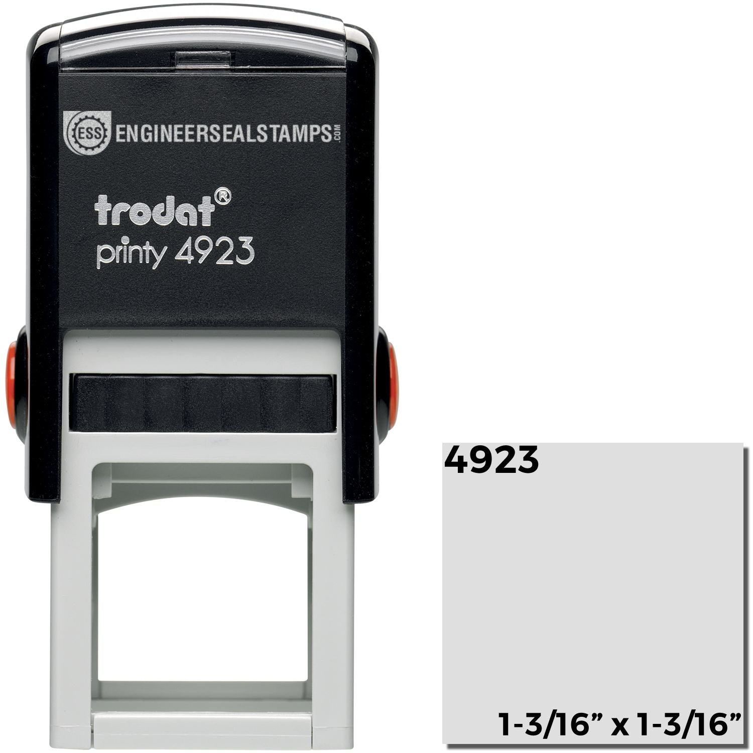 Custom Self Inking Stamp Trodat 4923 Size 1-3/16 x 1-3/16, black and white, with red accents, shown with a sample imprint size.