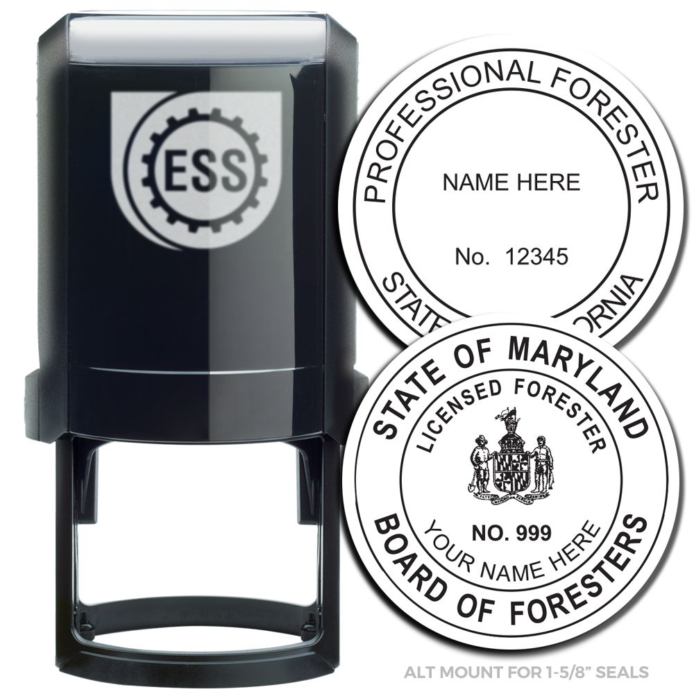 Forester Self Inking Rubber Stamp of Seal with customizable text options, shown with examples of professional forester and state seals.