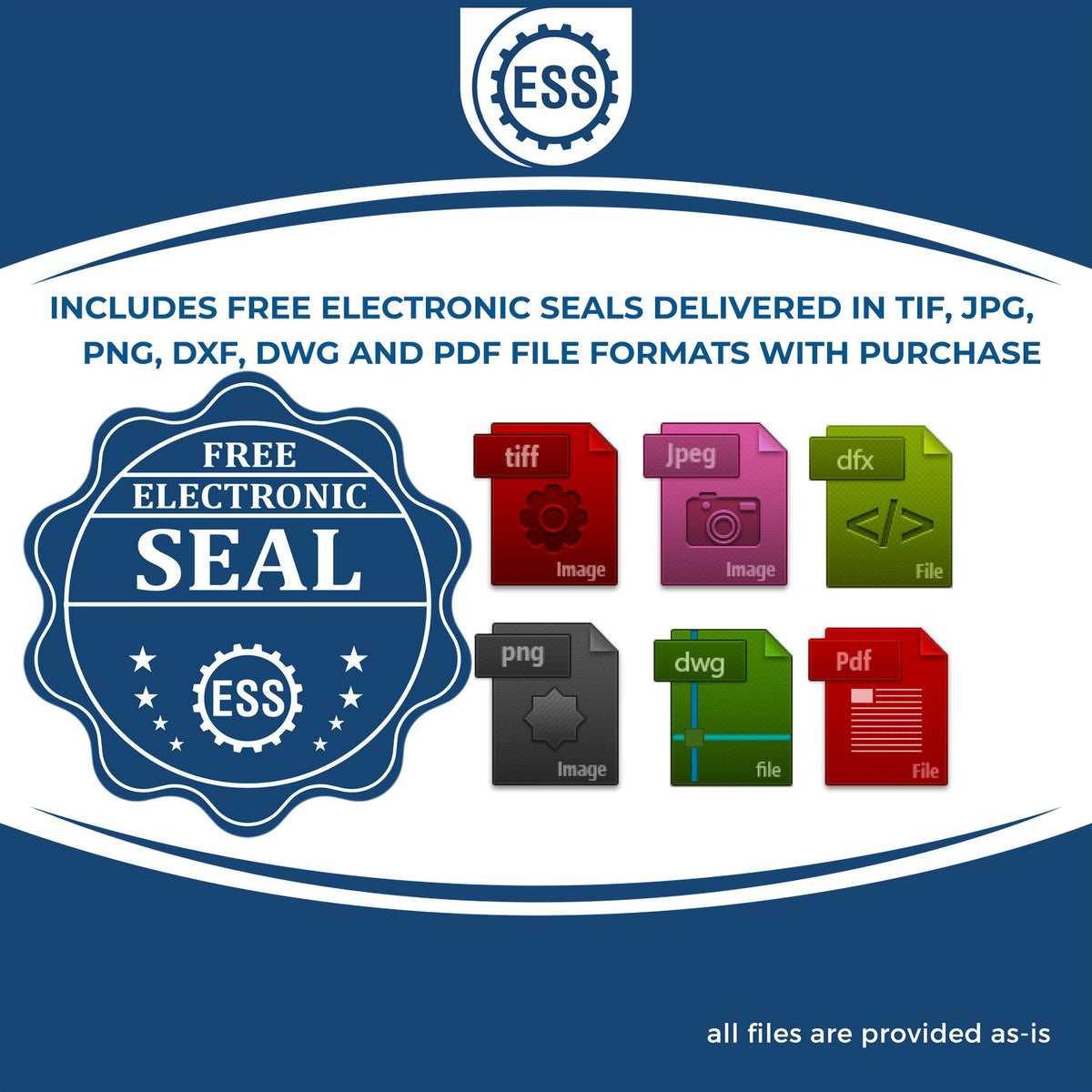 An infographic for the free electronic seal for the Hybrid Mississippi Geologist Seal illustrating the different file type icons such as DXF, DWG, TIF, JPG and PNG.