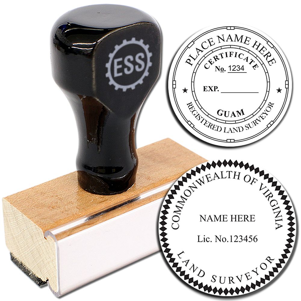 Land Surveyor Regular Rubber Stamp of Seal with a wooden handle and two sample imprints showing customizable text for land surveyor certification.