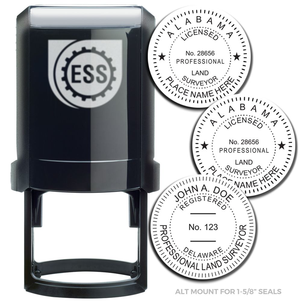 Land Surveyor Self Inking Rubber Stamp of Seal with black casing and three sample seal designs for professional land surveyors.