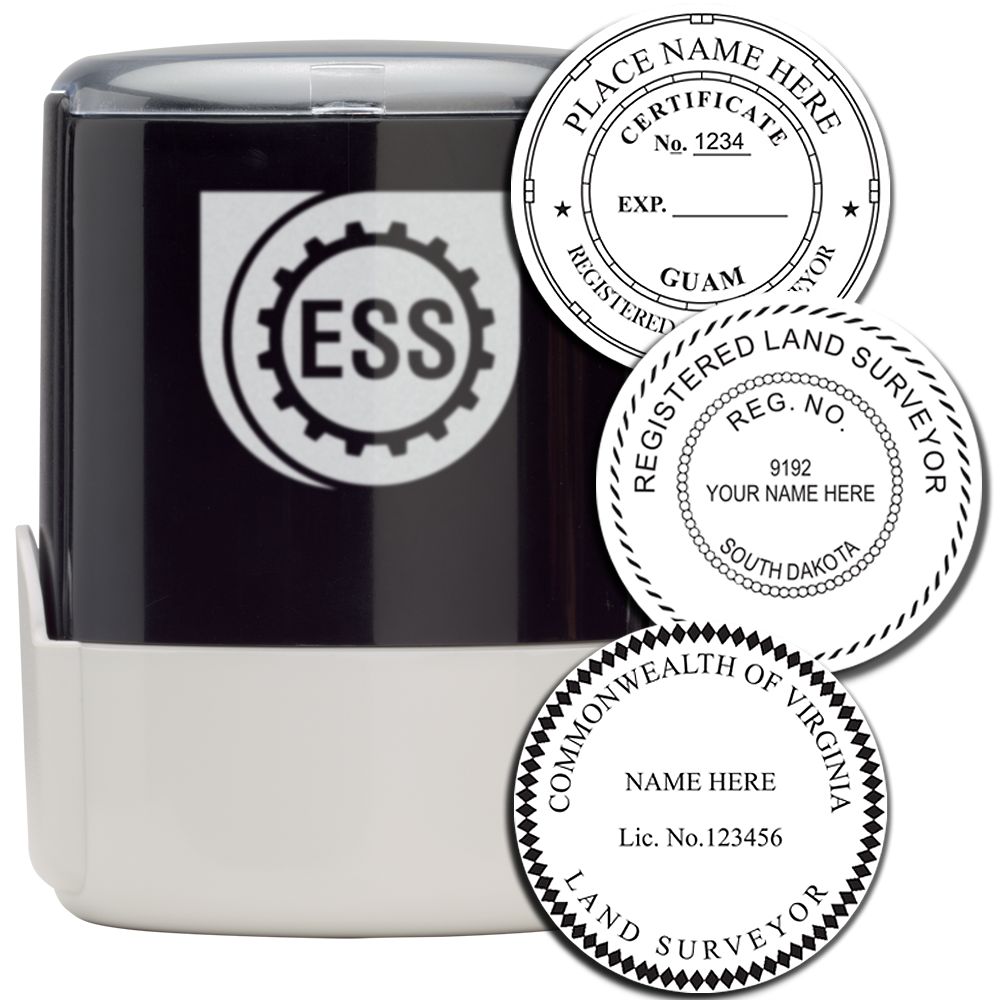 Land Surveyor Self Inking Rubber Stamp of Seal by ESS, featuring customizable text and designs for various states, shown with three sample seals.