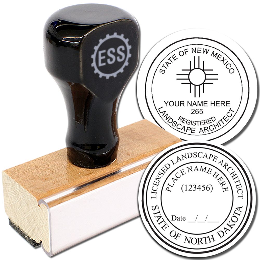 Landscape Architect Regular Rubber Stamp of Seal with wooden handle, featuring customizable state-specific seals for New Mexico and North Dakota.