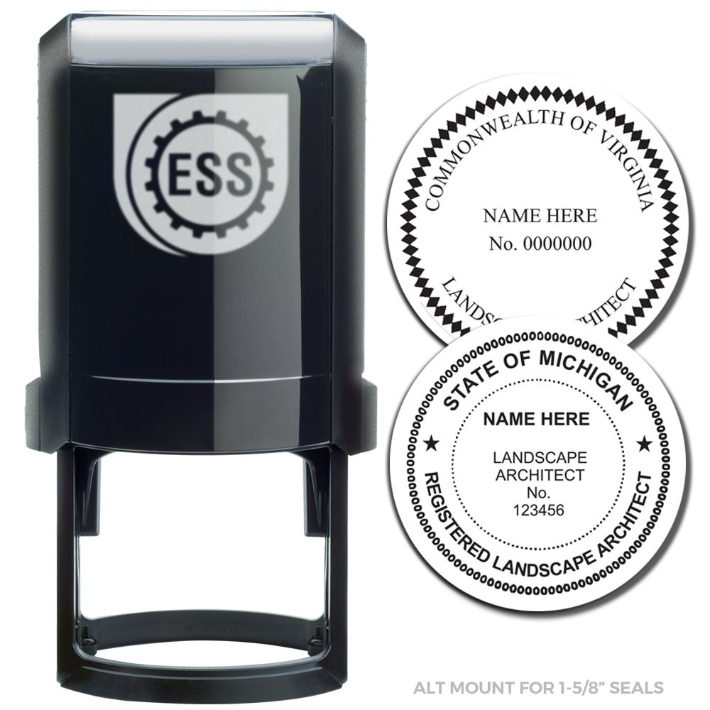Landscape Architect Self Inking Rubber Stamp of Seal, black stamp with two sample seal designs for Commonwealth of Virginia and State of Michigan.