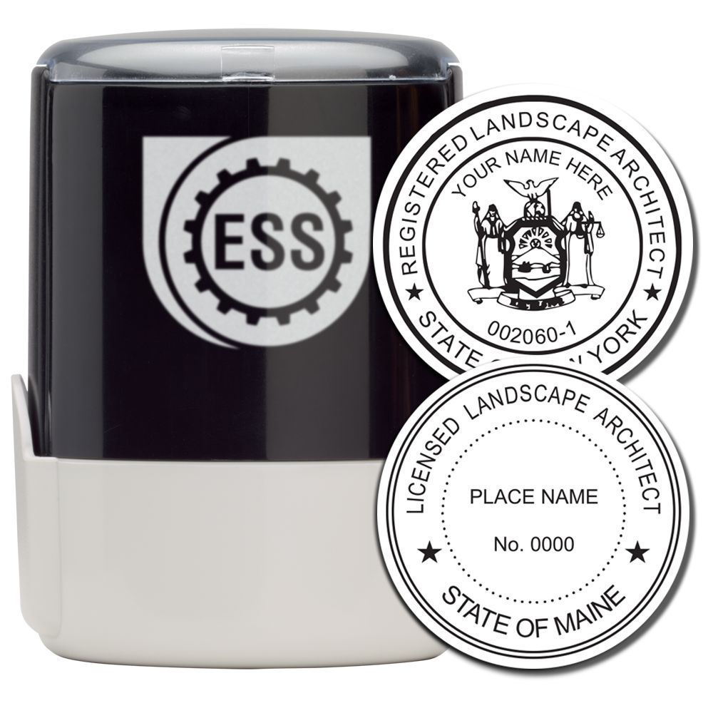 Landscape Architect Self Inking Rubber Stamp of Seal with customizable text, featuring ESS logo and two sample seal designs for different states.