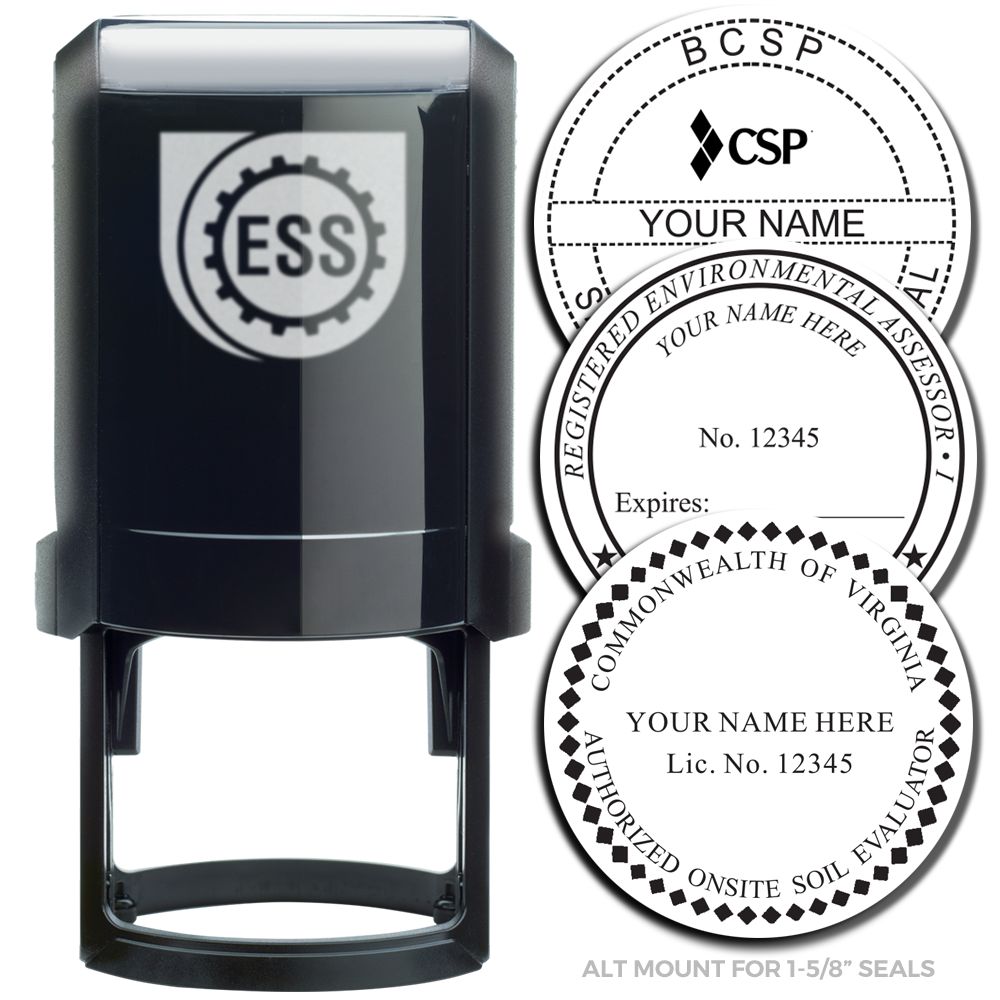 Professional Self Inking Rubber Stamp of Seal in black with sample seal designs for various professional certifications and custom text options.