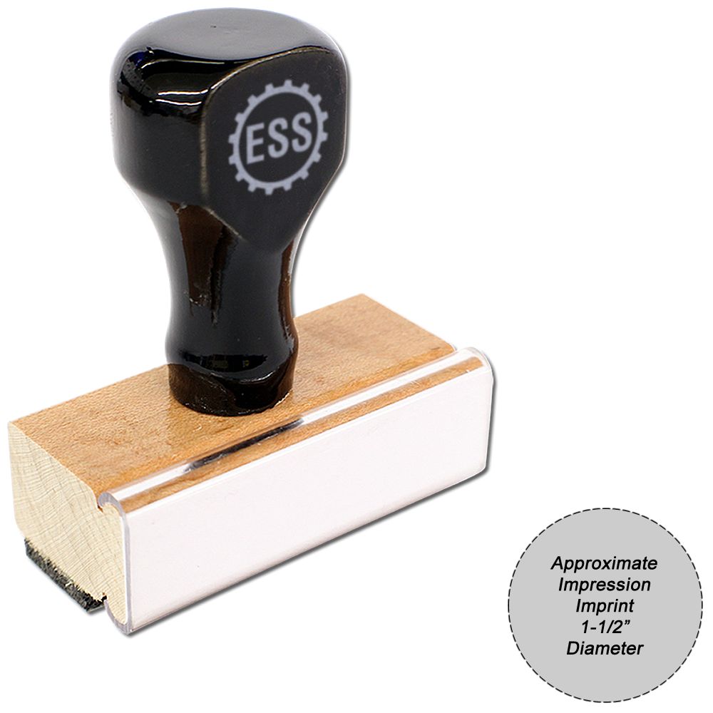 Custom Rubber Stamp Size 1-1/2 Inch Diameter with a black handle and wooden base, featuring the ESS logo on the top.