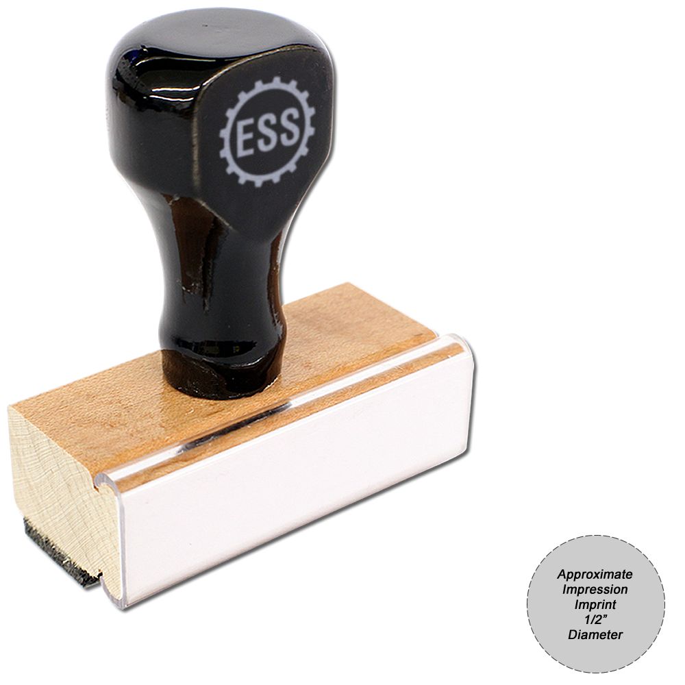 Custom Rubber Stamp Size 1/2 Inch Diameter with a black handle and wooden base, shown with a 1/2 inch diameter imprint example.