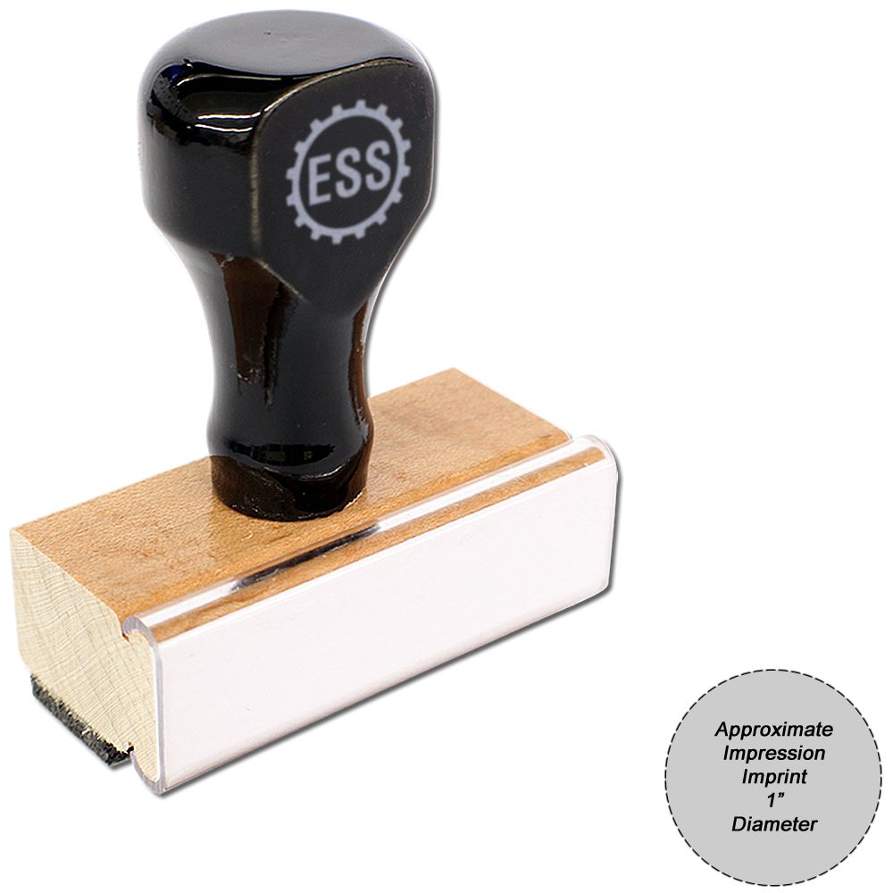 Custom Rubber Stamp Size 1 Inch Diameter with black handle and wooden base, featuring the ESS logo. Approximate impression imprint is 1 diameter.