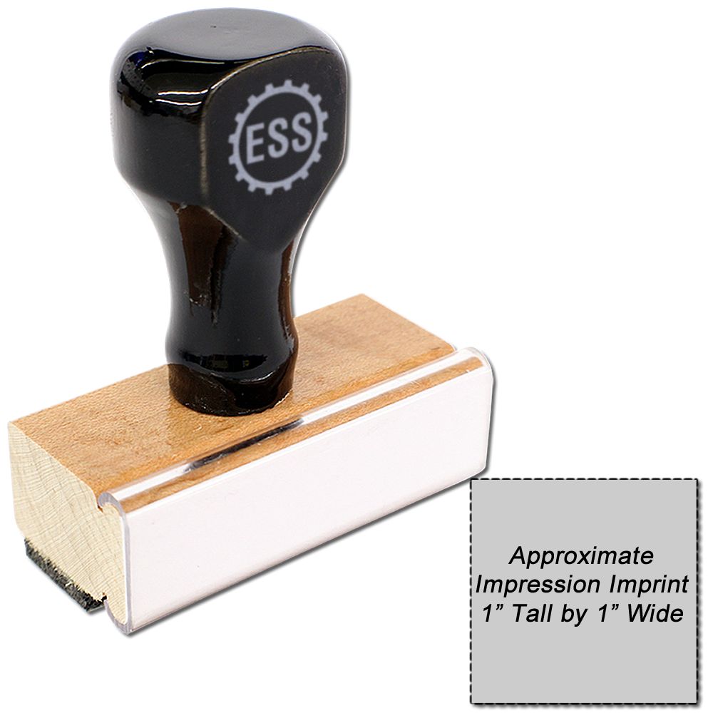 Custom Rubber Stamp Size 1 x 1 with a black handle and wooden base, shown next to a text box indicating a 1 x 1 impression imprint.