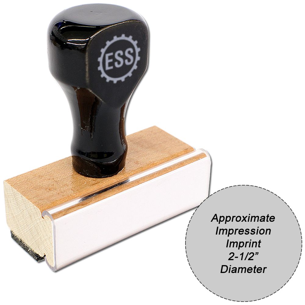 Custom Rubber Stamp Size 2-1/2 Inch Diameter with a black handle and wooden base, shown next to a text bubble indicating its size.