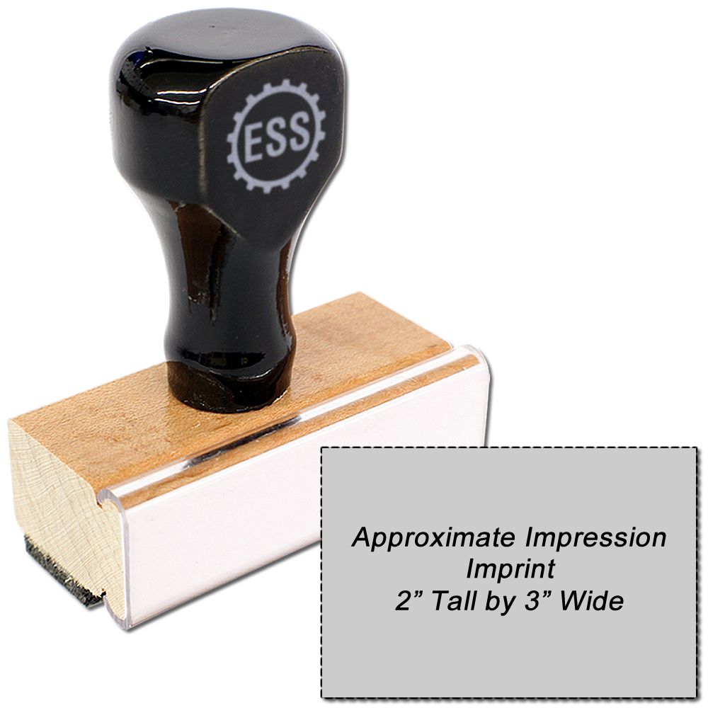 Custom Rubber Stamp Size 2 x 3 with a black handle and wooden base, shown next to a text box indicating its 2 tall by 3 wide impression size.