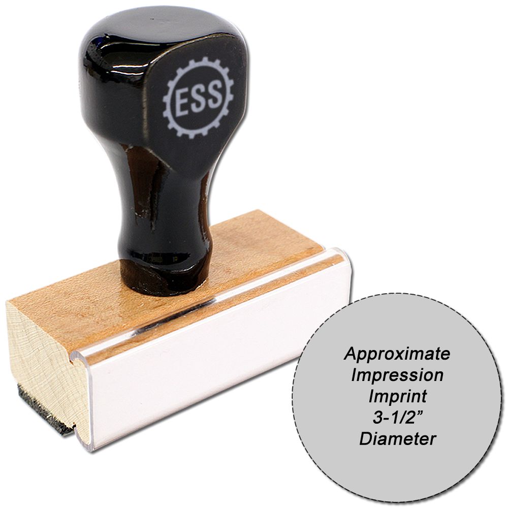 Custom Rubber Stamp Size 3-1/2 Inch Diameter with a black handle and wooden base, shown next to a label indicating its approximate impression size.