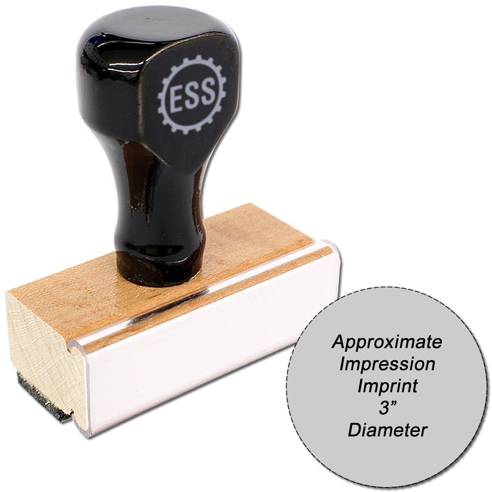 Custom Rubber Stamp Size 3 Inch Diameter with a black handle and wooden base, shown next to a circle indicating a 3 diameter impression.