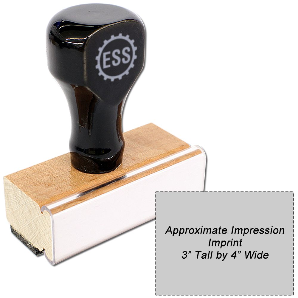 Custom Rubber Stamp Size 3 x 4 with a black handle and wooden base, shown next to a sample imprint size of 3 tall by 4 wide.