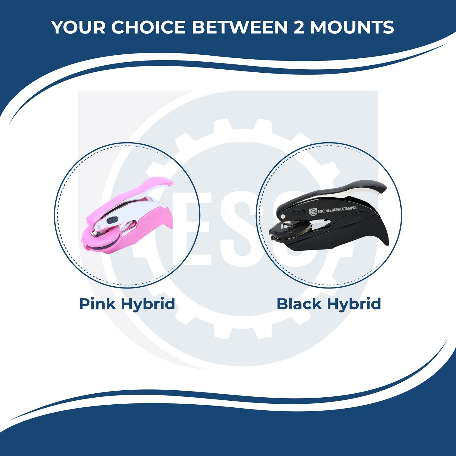 An infographic type of graphic showcasing the handle colors both pink and black for the Pink Hybrid Virginia Notary Embosser