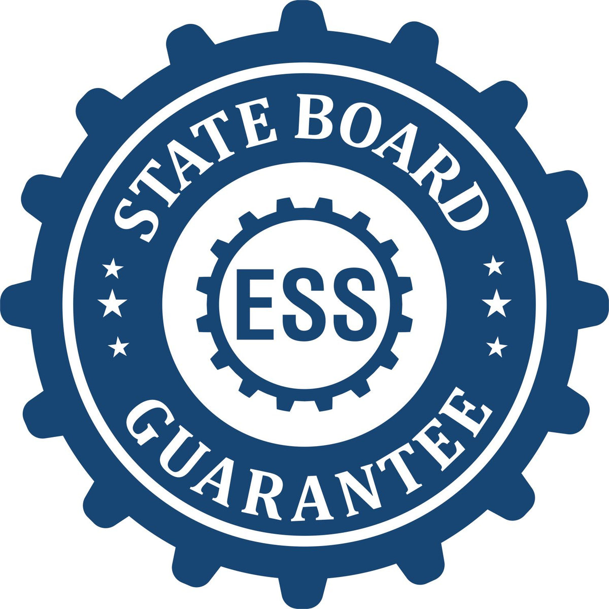 An emblem in a gear shape illustrating a state board guarantee for the Virginia Landscape Architectural Seal Stamp product.
