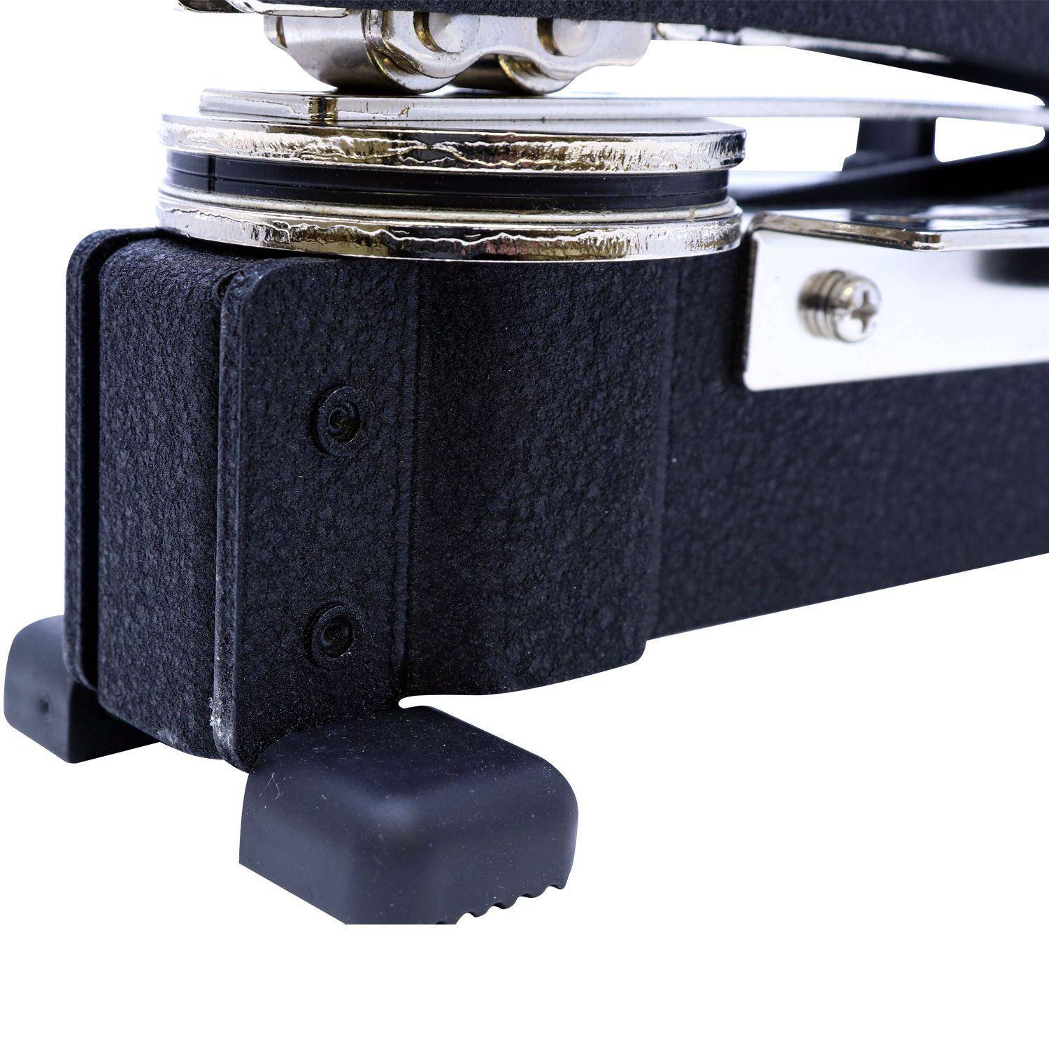 Close-up of the Architect Extended Long Reach Desk Seal Embosser, showcasing its sturdy black metal construction, detailed die clip, and rubberized feet for stability.