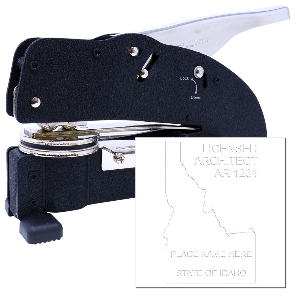 The main image for the Extended Long Reach Idaho Architect Seal Embosser depicting a sample of the imprint and electronic files