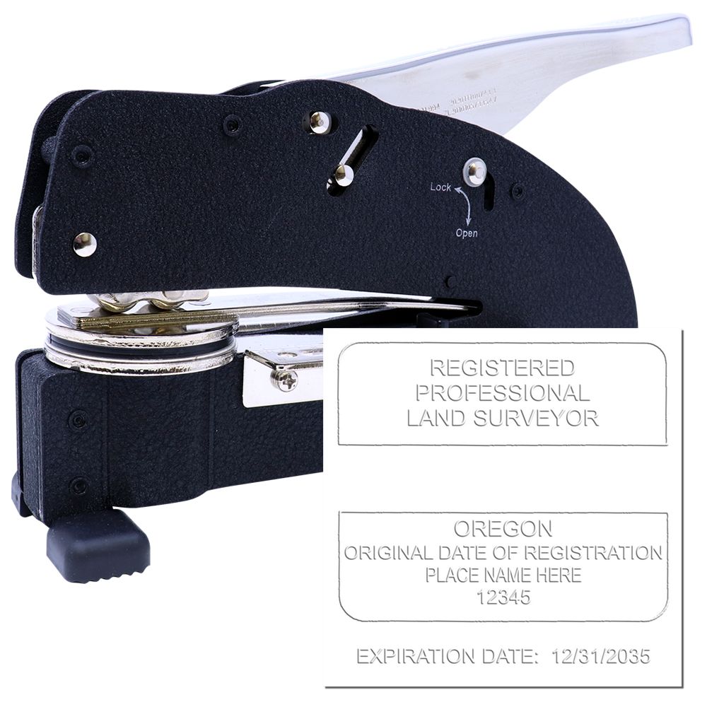 The main image for the Extended Long Reach Oregon Surveyor Embosser depicting a sample of the imprint and electronic files