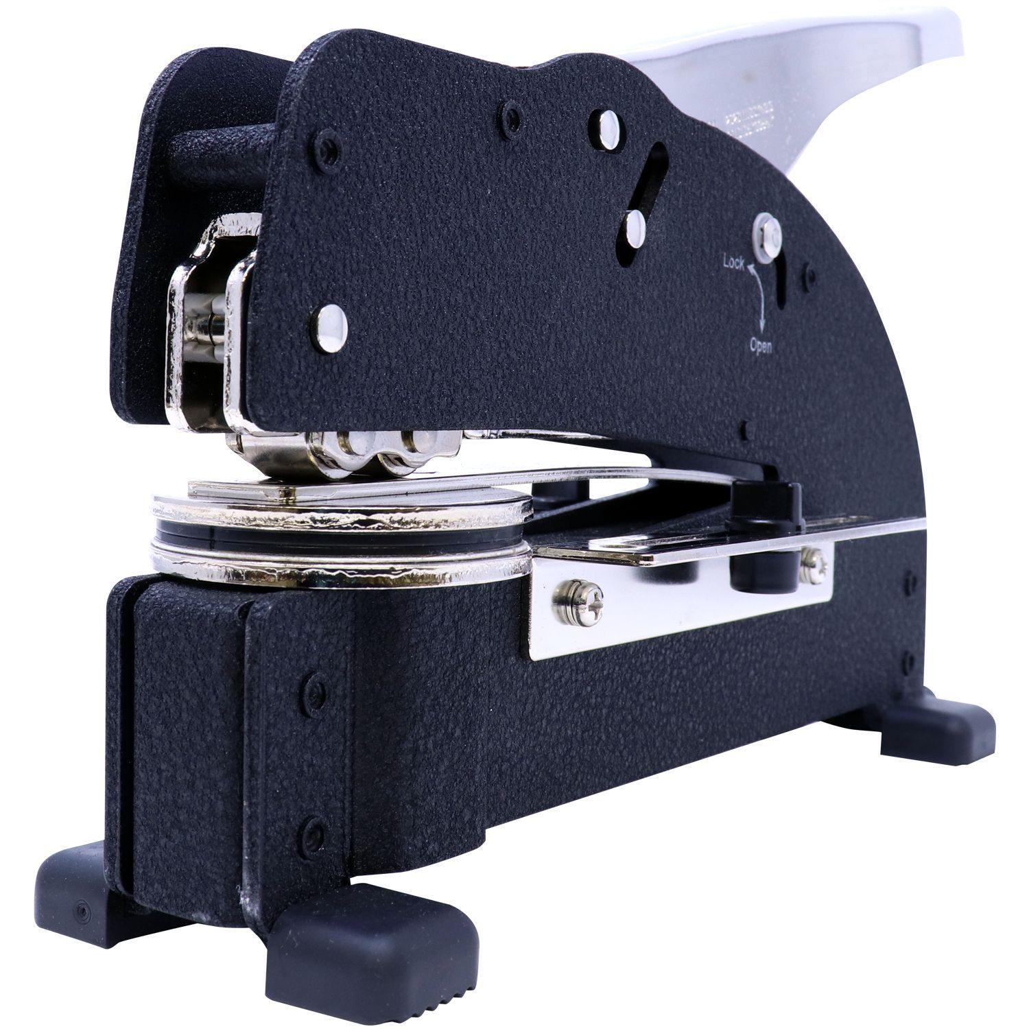 Public Weighmaster Extended Long Reach Desk Seal Embosser in black, side view showing the detailed mechanism and sturdy base.