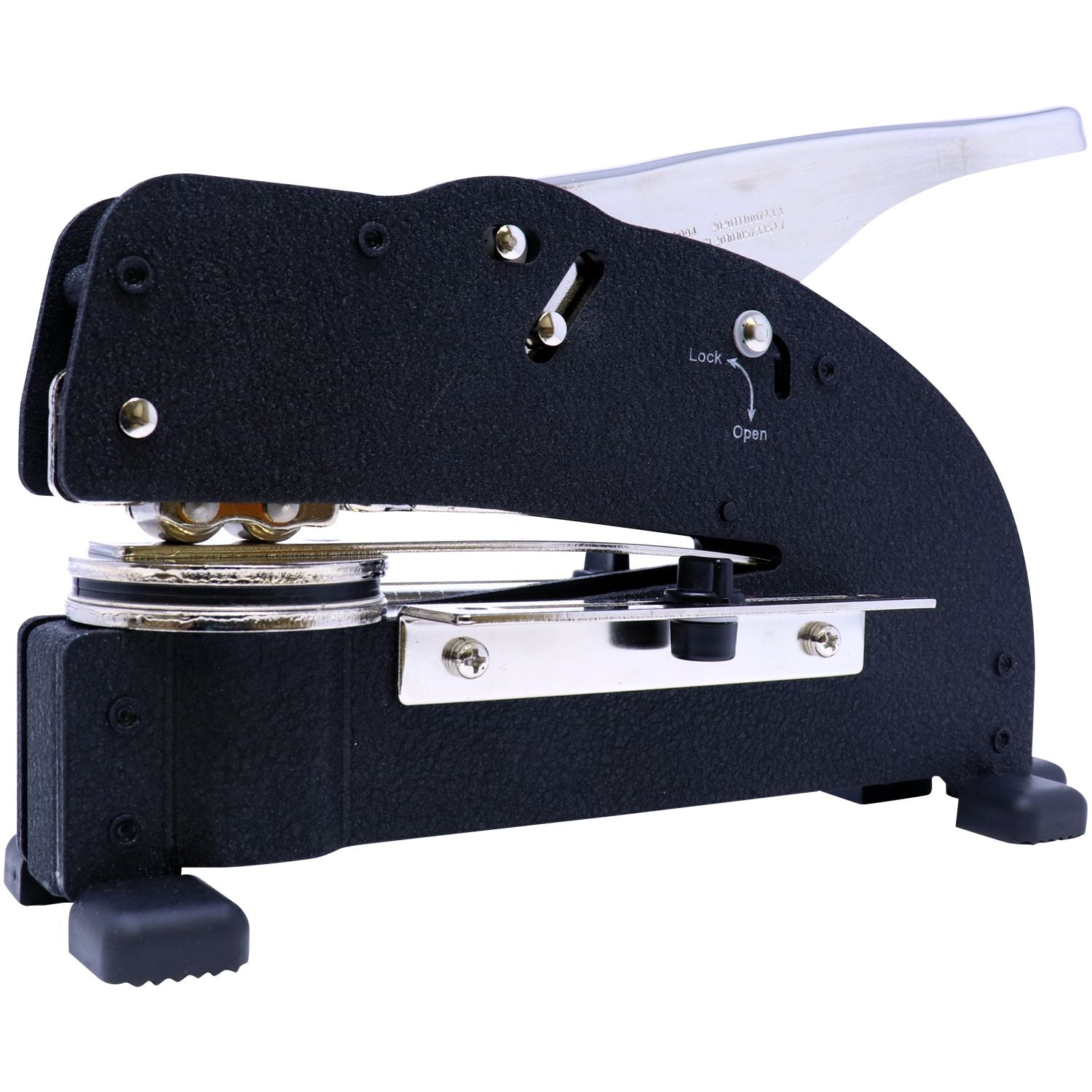 Extended Long Reach Notary Seal Embosser in black, side view, showing the lever, lock, and open mechanism on a white background.