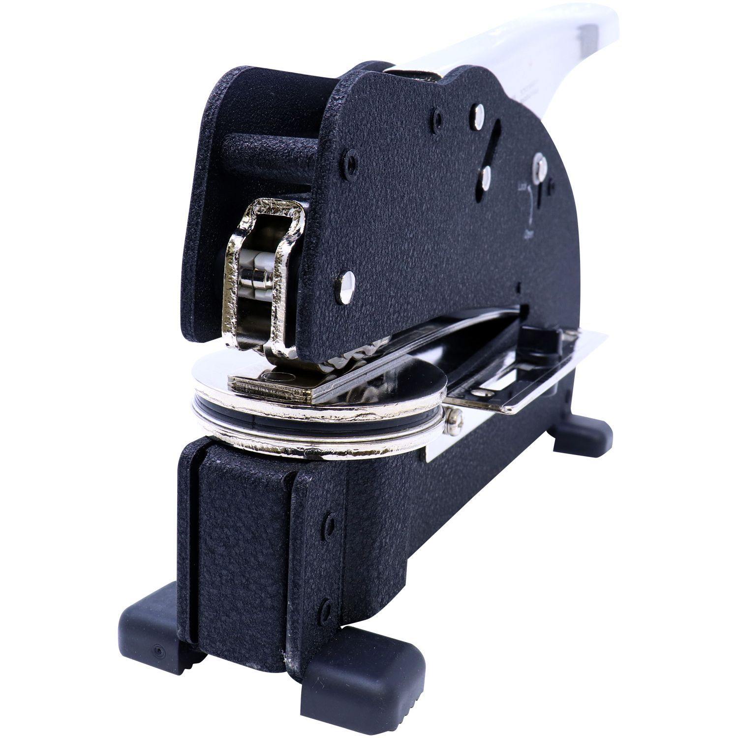 Landscape Architect Extended Long Reach Desk Seal Embosser with a black and silver design, shown from a front angle on a white background.