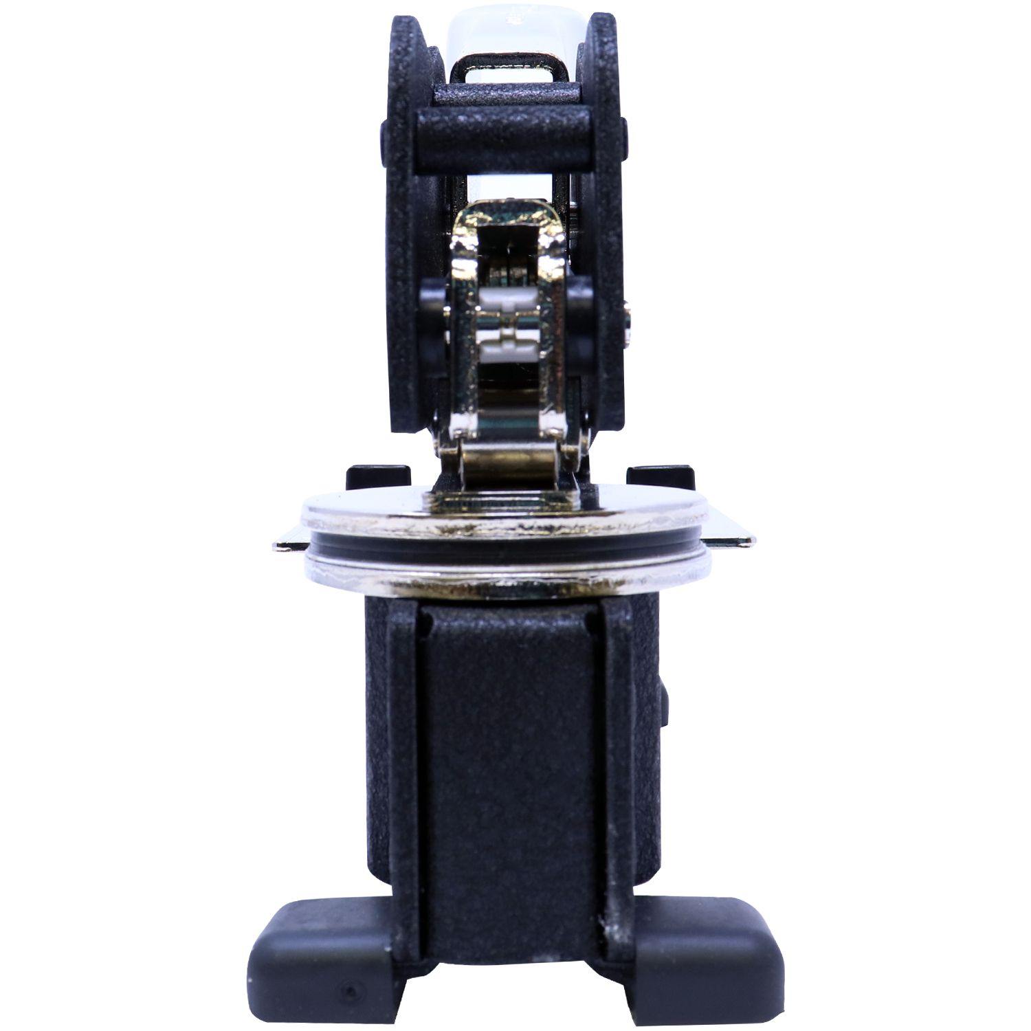 Front view close-up of the Geologist Extended Long Reach Desk Seal Embosser, showcasing its detailed metal components and sturdy design.