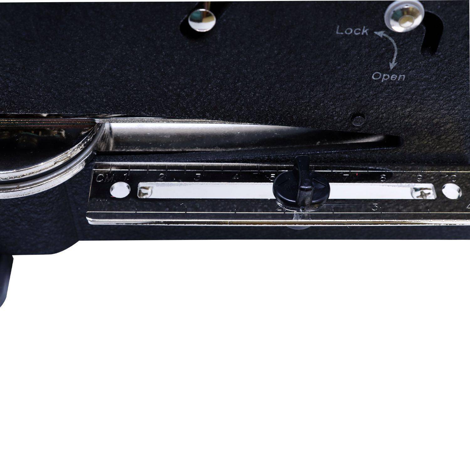 Close-up view of the Engineering Geologist Extended Long Reach Desk Seal Embosser, showing the ruler and lock mechanism. The embosser is black with a silver ruler marked in centimeters and inches.