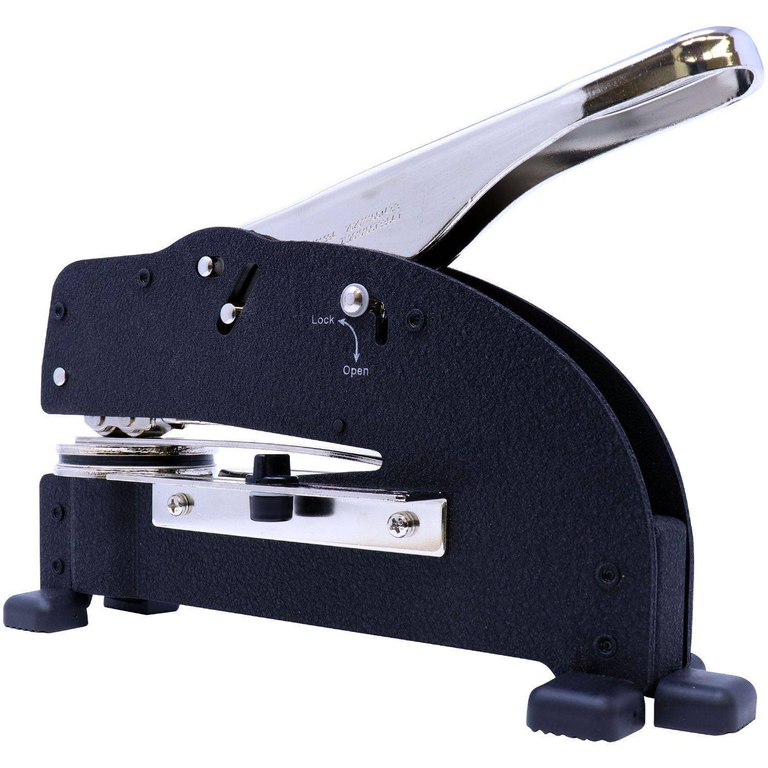 Architect Extended Long Reach Desk Seal Embosser in black and silver, side-back view. The embosser features a long handle, lock mechanism, and sturdy base with rubber feet for stability.