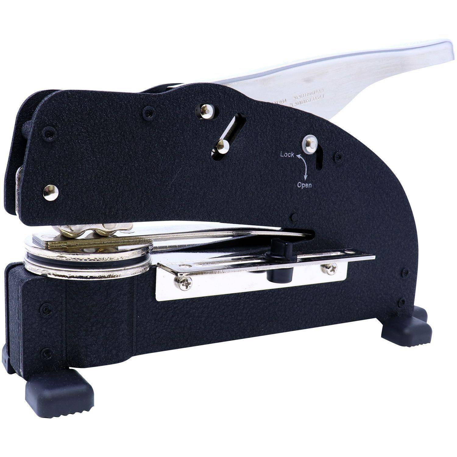 Side view of the Architect Extended Long Reach Desk Seal Embosser, featuring a black and silver design with a long handle and adjustable settings for locking and opening.