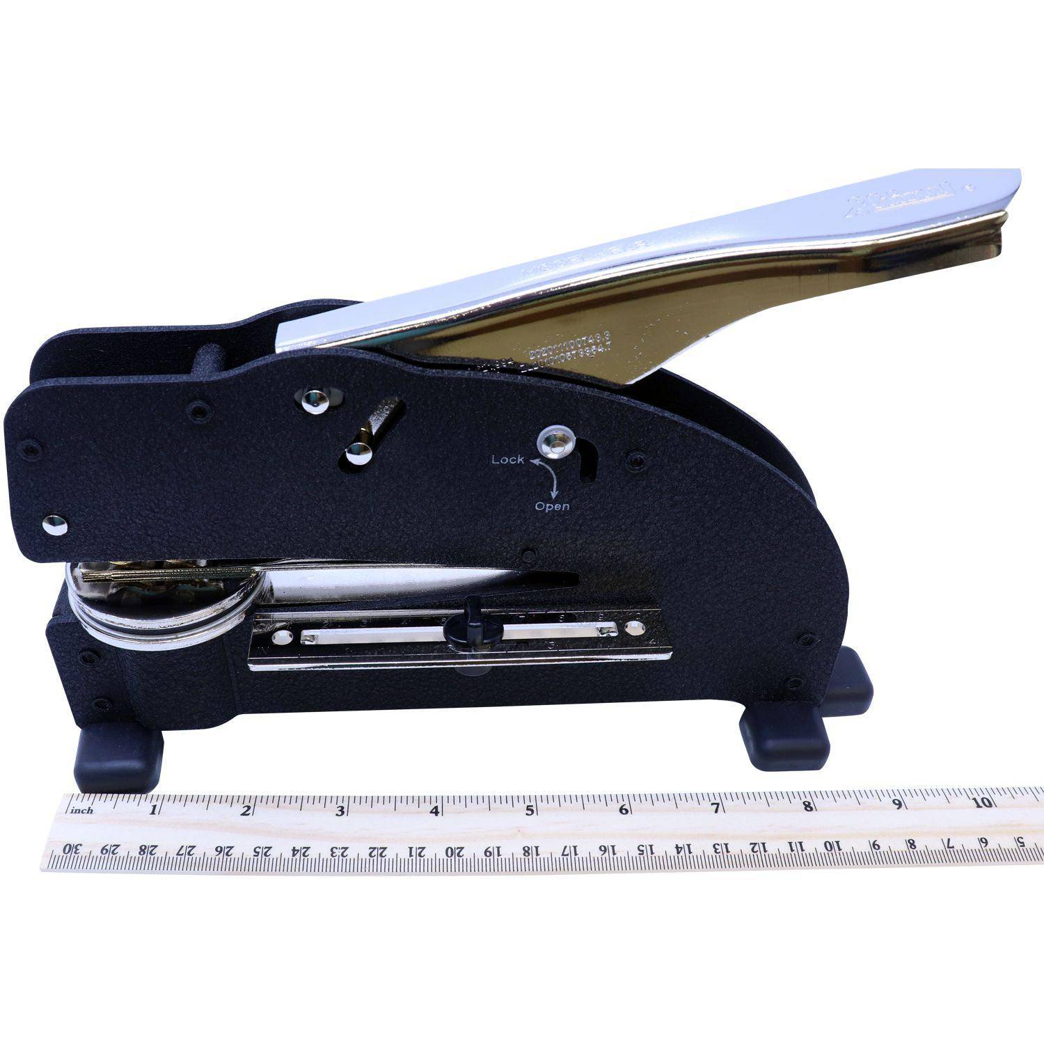 Architect Extended Long Reach Desk Seal Embosser in black and silver, shown with a ruler for scale, highlighting its extended reach and sturdy design.