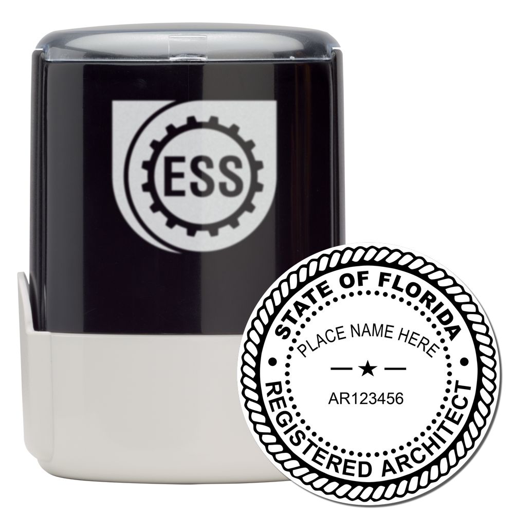 Self Inking Florida Architect Stamp with a black and white design, featuring the ESS logo and a circular State of Florida Registered Architect seal.