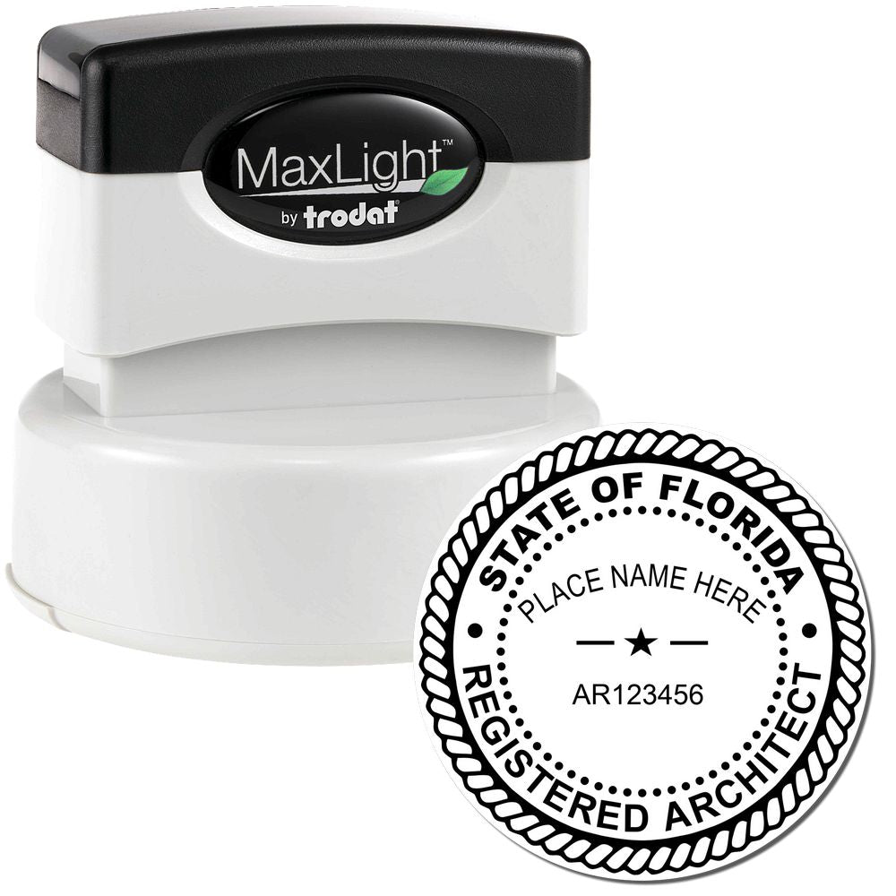 Premium MaxLight Pre-Inked Florida Architectural Stamp with a black and white design, featuring "State of Florida Registered Architect" text.