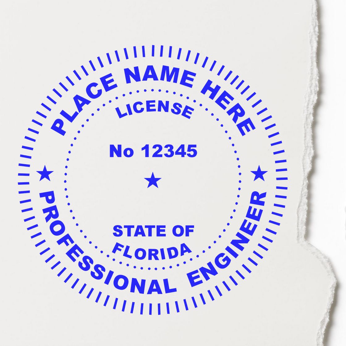 An alternative view of the Florida Professional Engineer Seal Stamp stamped on a sheet of paper showing the image in use