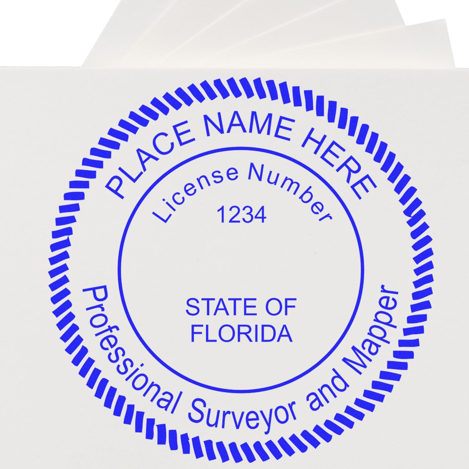 Self Inking Florida Land Surveyor Stamp with customizable name, license number, and state details in blue ink on a white background.