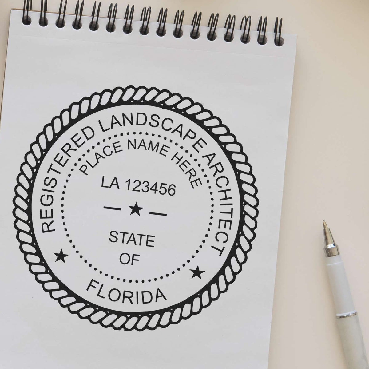 This paper is stamped with a sample imprint of the Slim Pre-Inked Florida Landscape Architect Seal Stamp, signifying its quality and reliability.