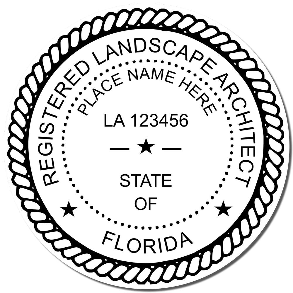 A lifestyle photo showing a stamped image of the Slim Pre-Inked Florida Landscape Architect Seal Stamp on a piece of paper