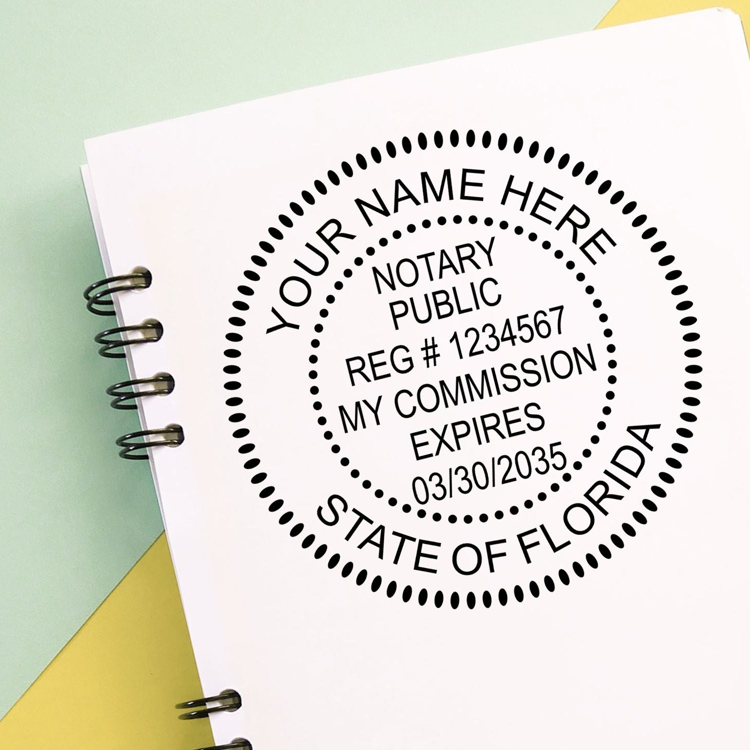 An alternative view of the Slim Pre-Inked Round Notary Stamp for Florida stamped on a sheet of paper showing the image in use