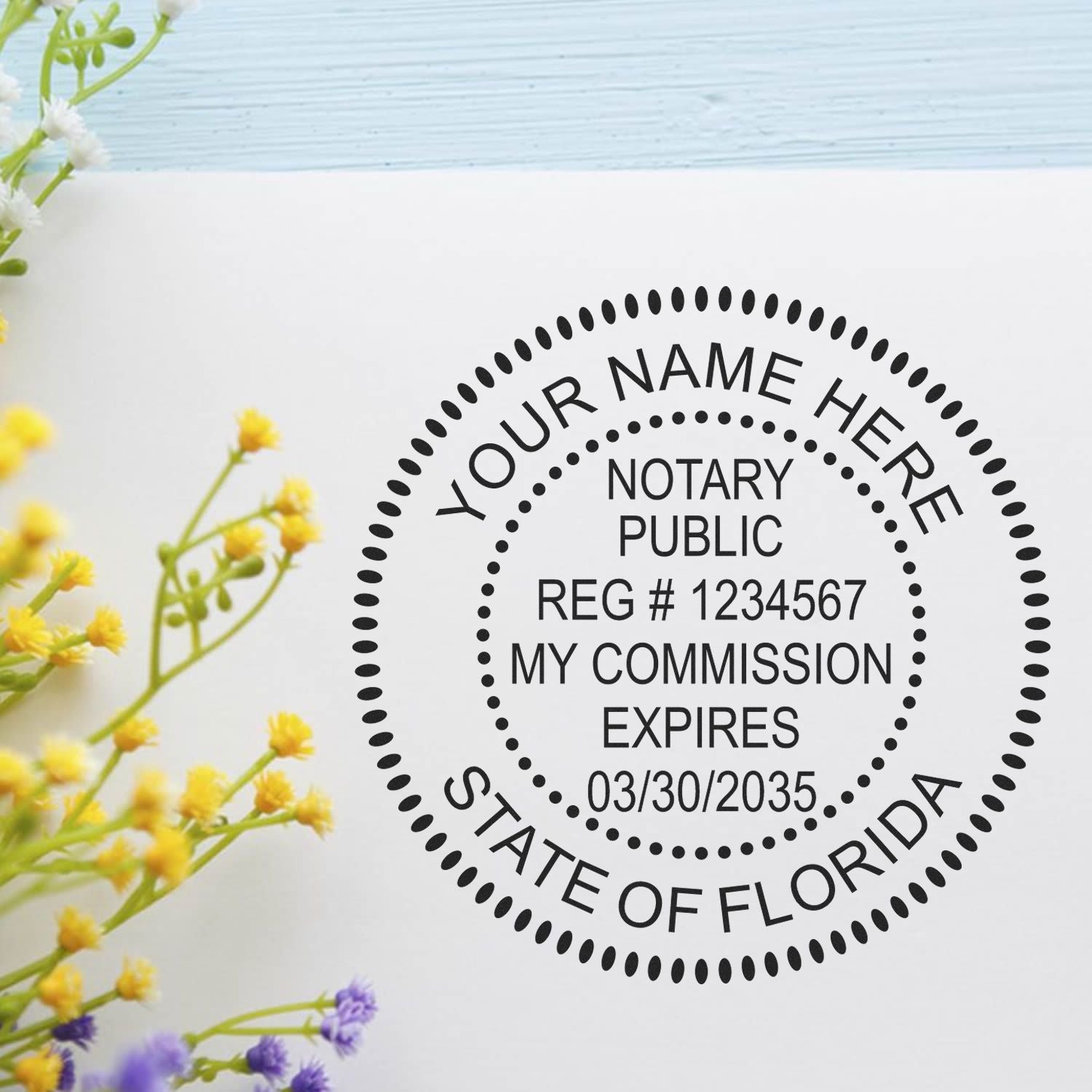 A stamped impression of the Slim Pre-Inked Round Notary Stamp for Florida in this stylish lifestyle photo, setting the tone for a unique and personalized product.