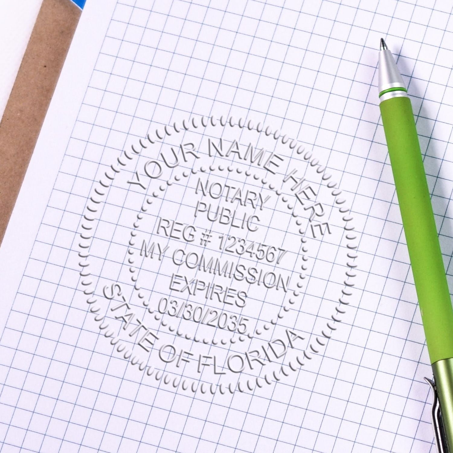 A stamped impression of the Florida Handheld Notary Seal Embosser in this stylish lifestyle photo, setting the tone for a unique and personalized product.