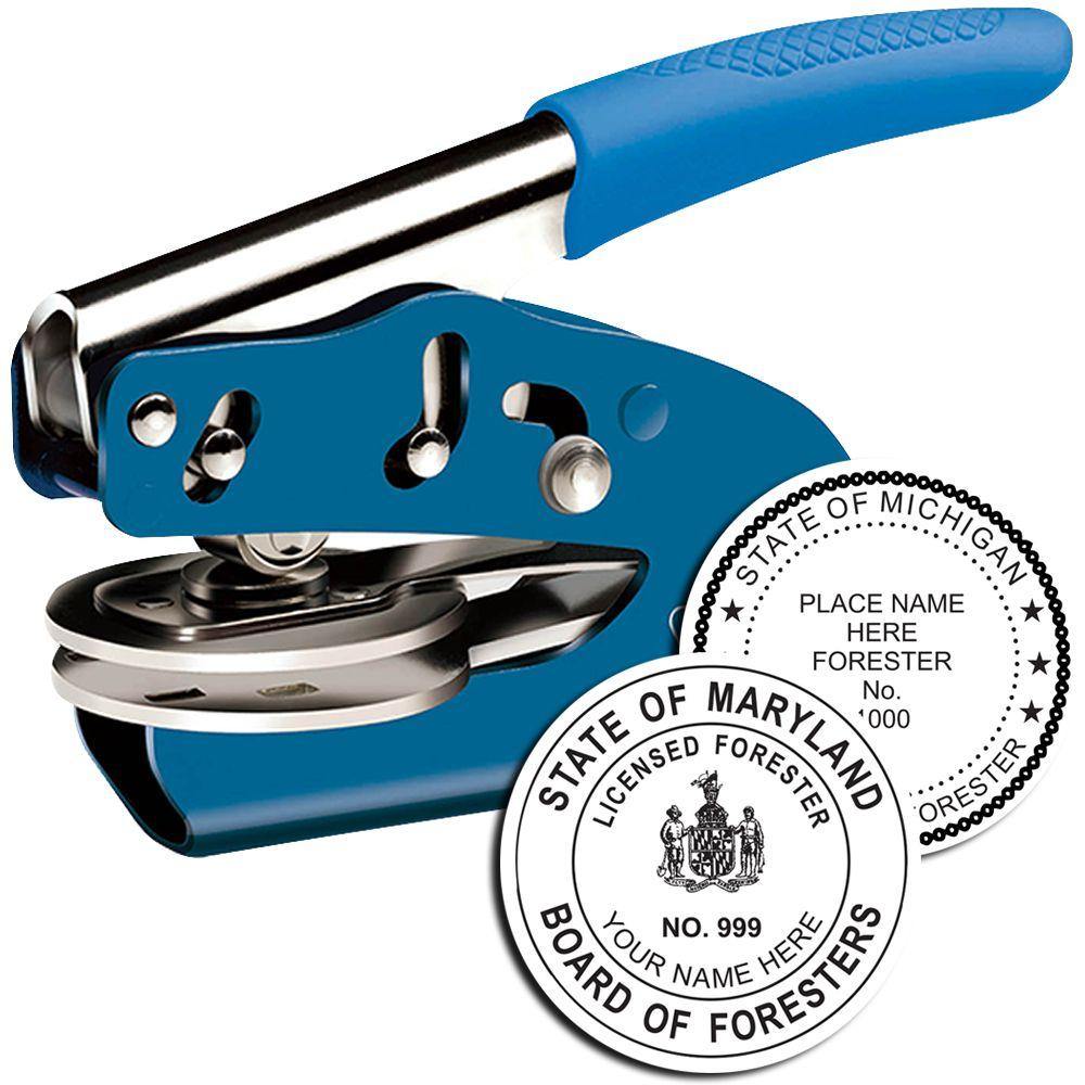 Forester Blue Soft Seal Embosser with a blue handle, shown with two sample embossed seals for the State of Maryland and State of Michigan.