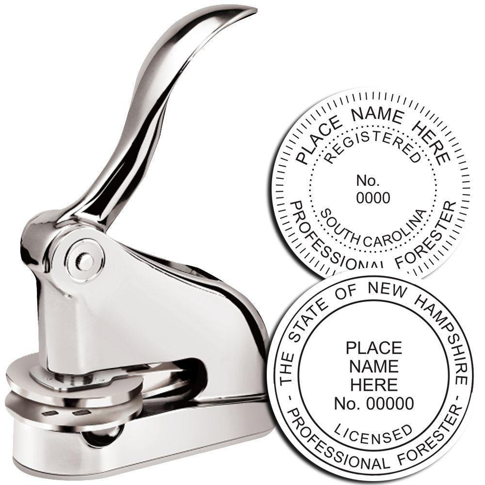 Forester Chrome Gift Seal Embosser with a sleek design, shown with two sample embossed seals for professional foresters.