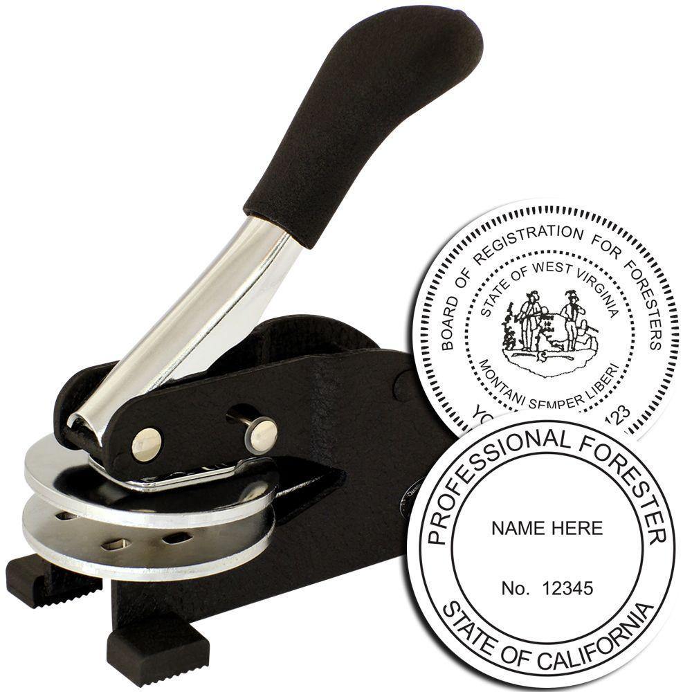 Forester Desk Seal Embosser with a black handle, shown with sample embossed seals for professional foresters from West Virginia and California.