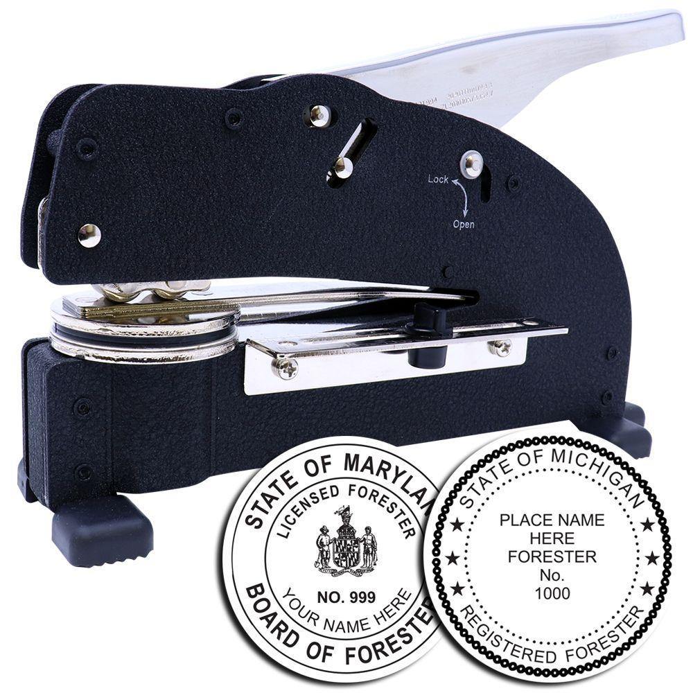 Forester Extended Long Reach Desk Seal Embosser in black, shown with sample embossed seals for State of Maryland and State of Michigan.