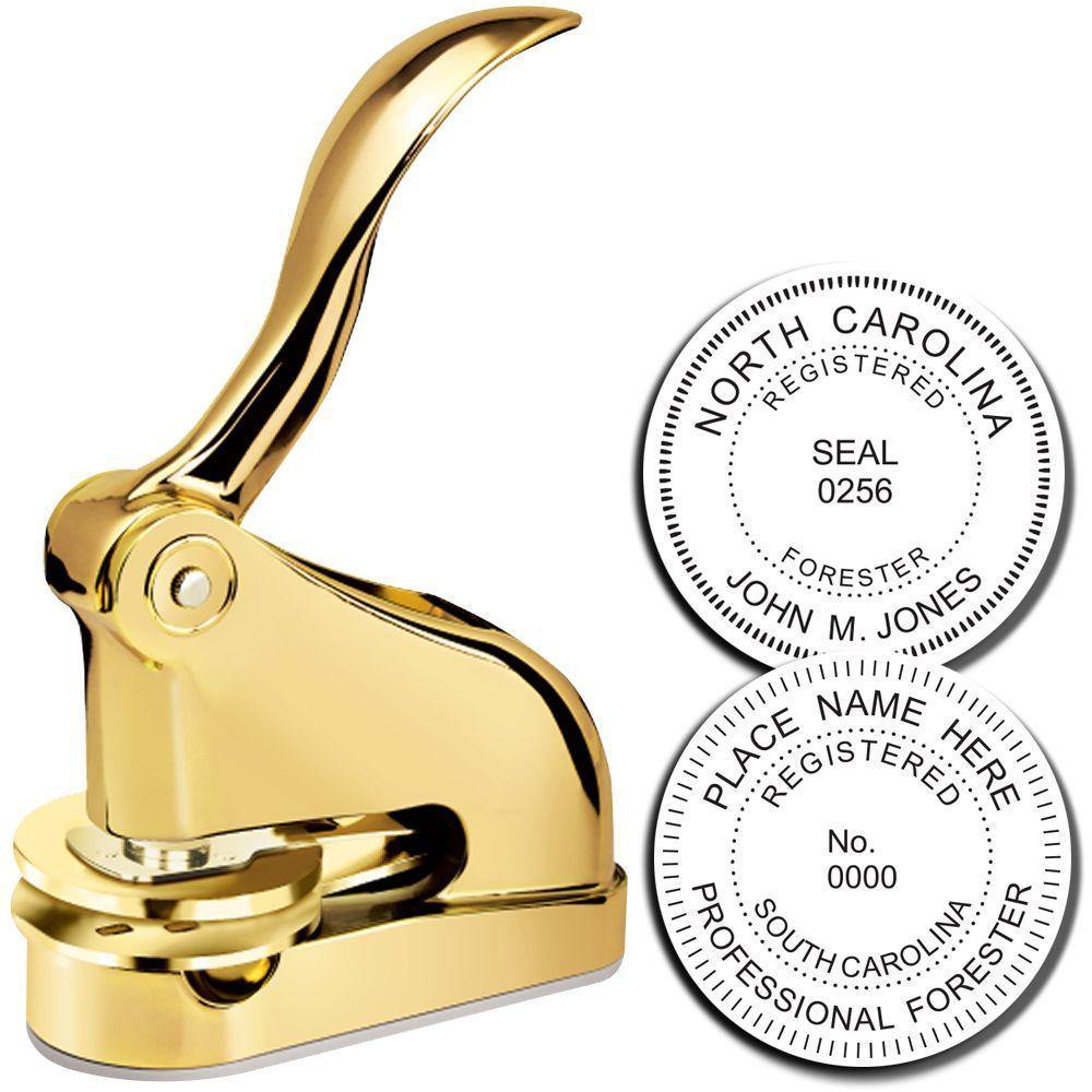 Forester Gold Gift Seal Embosser with a sleek gold design, shown with two embossed seal examples for North Carolina and customizable text.